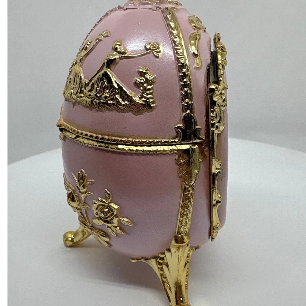 Ornate Pink Egg Picture Frame Trinket Box Goldtone Ornate Rococo Music Box Japan